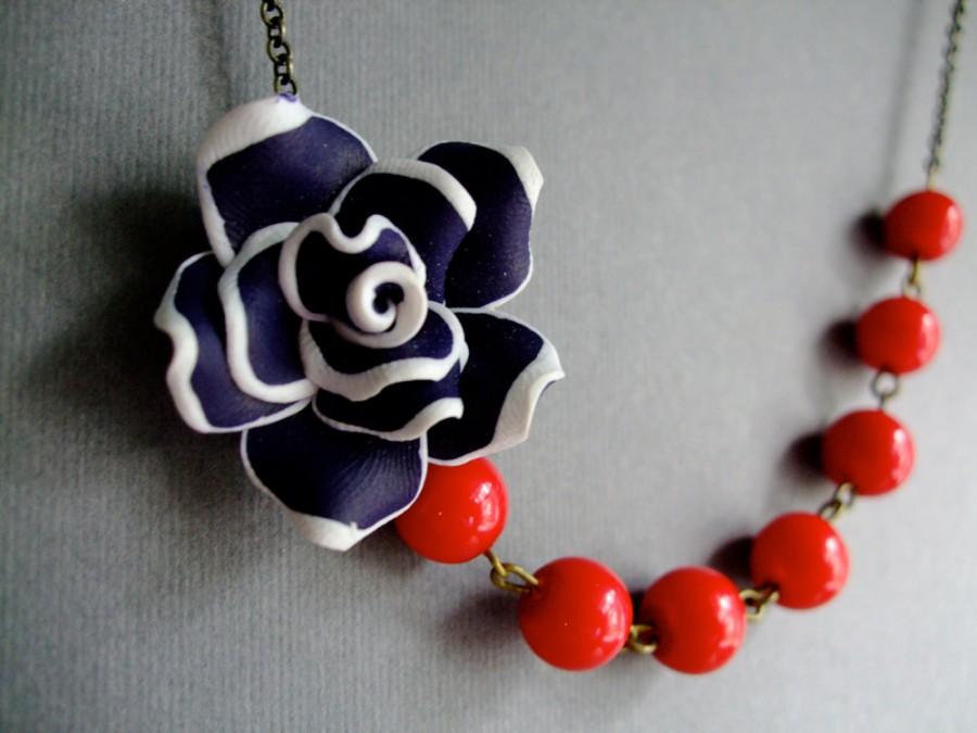 Свадьба - Bridesmaid Jewelry,Navy Blue Flower Necklace,Navy Blue Necklace,Red Pearl Necklace,Red Necklace,Bridesmaid Gift,Nautical Necklace,Gift
