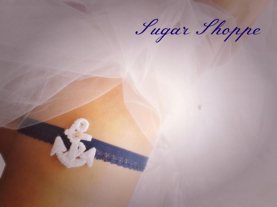 Hochzeit - Anchor Garter - Nautical Wedding Garter - Navy Lace with White Anchor Applique - Marine, Beach, Nautical Wedding