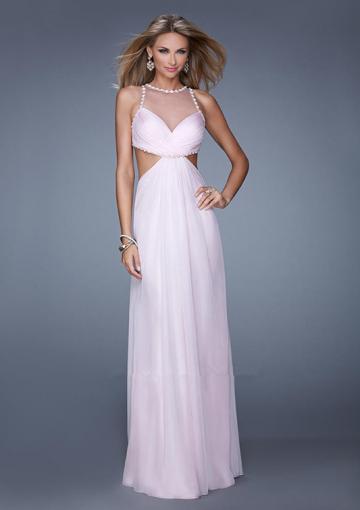 Mariage - Ruched Straps Blue Open Back Floor Length Chiffon Sleeveless Pink