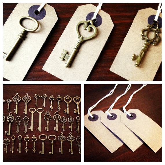 Wedding - Keys to Happiness - 100 Antique Bronze Skeleton Keys & 100 Kraft Luggage Tags - Wedding Skeleton Keys, Escort Card Vintage Keys