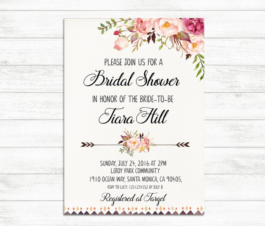 Wedding - Bridal Shower Invitation, Printable Bridal Invite, Floral Bridal Shower Invitation, Rustic Boho Bridal Shower Invite, Bride to be Invite