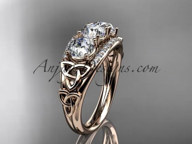 Hochzeit - 14kt rose gold diamond celtic trinity knot wedding ring, three stone engagement ring CT7203