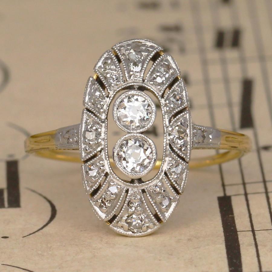 زفاف - Art Deco Diamond Panel Cluster Ring, Stunning Vintage Diamond Engagement or Dress Ring, 18ct Gold and Platinum with Mill Grain Detail