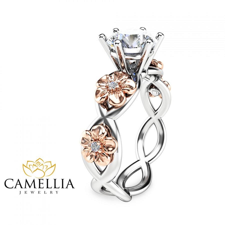 Wedding - Moissanite Twist Engagement Ring 14K Two Tone Gold Flower Ring Inspired by Nature Moissanite Engagement Ring