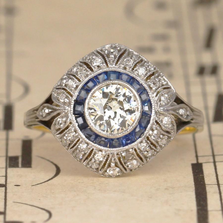 Hochzeit - Art Deco Old Cut Diamond and Sapphire Target Engagement Ring, Vintage 0.65 Carat Centre Diamond with French Cut Sapphires, 18ct & Platinum