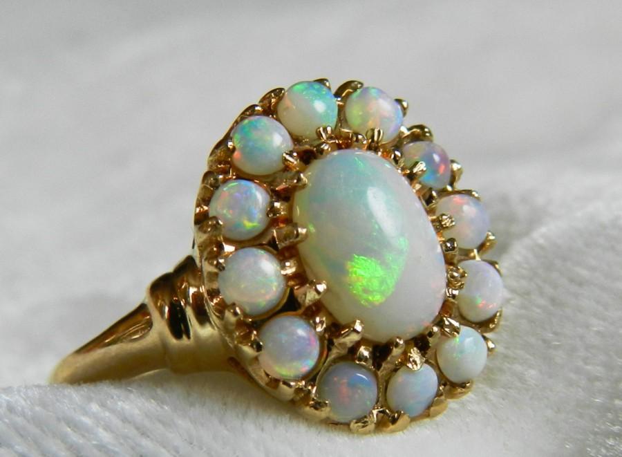 Wedding - Opal Ring Gold 1.5 Carat Opal Engagement Antique Australian Blue Opal Halo Ring October Birthday