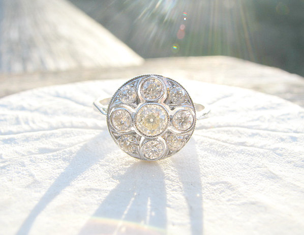 زفاف - Fiery Old Cut Diamond Ring, 9 Old European Cut Diamonds, approx .92 ctw, Elegant Diamond Engagement Ring, 18K Gold, Edwardian to Art Deco