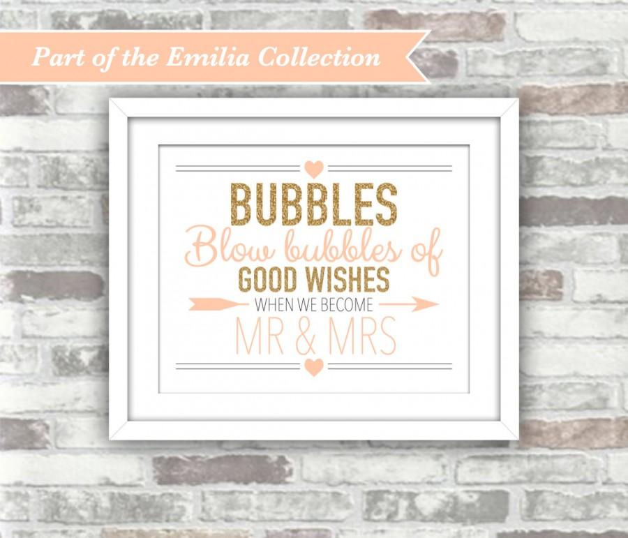 زفاف - INSTANT DOWNLOAD - Emilia Collection - Printable Wedding Bubbles Sign - Gold Glitter Blush Peach-Pink - Good Wishes 8x10 Digital File Mr Mrs
