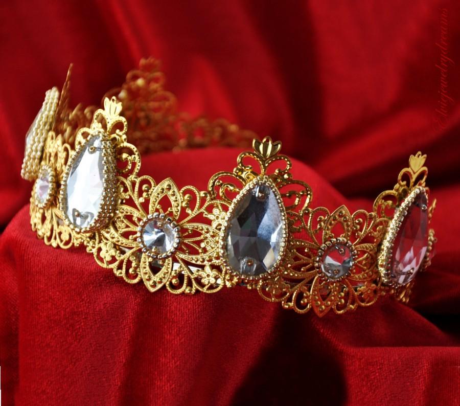 Wedding - Medieval Crown, Bridal Tiara, Renaissance Crown, Medieval Crown, White Crystals and Gold, Aurora Filigree Tiara. Game of Thrones, Tudor