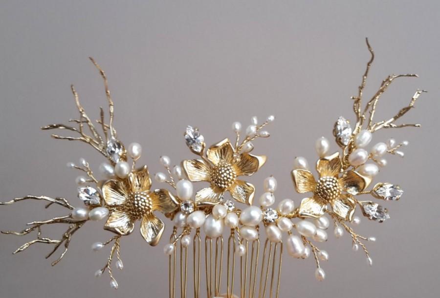 زفاف - Freshwater Gold pearl comb, Swarovski crystals and pearls comb, wedding pearl comb, gold comb, veil comb