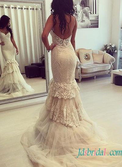 Wedding - H1585 Sexy curvy lace mermaid wedding dress with low back