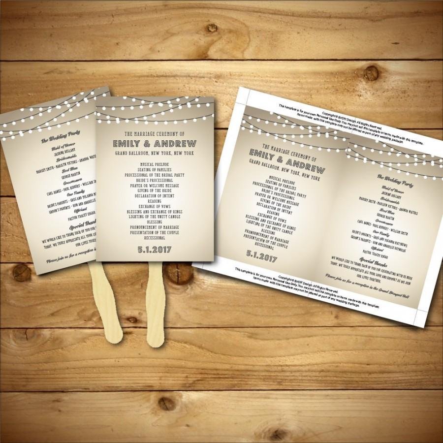 زفاف - Printable Vintage Wedding Fan Program Template - Brown, Grey & White - Instant Download - Editable MS Word Doc - String Lights Collection