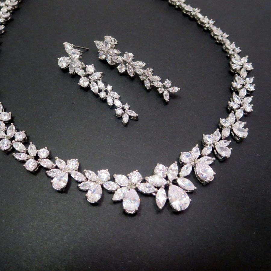 زفاف - Bridal necklace SET, Wedding jewelry set, Crystal necklace, Rhinestone jewelry set, Bridal jewelry, CZ earrings, Cubic zirconia jewelry