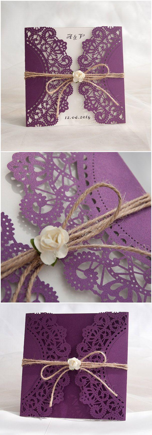 Hochzeit - Rustic Purple Laser Cut Invitation With Twine And Flower EWWS057