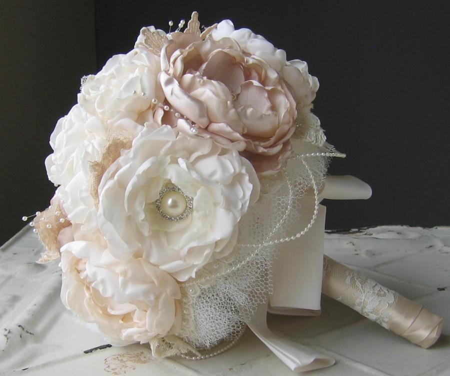Mariage - Fabric flower brooch wedding bouquet . from Mothers wedding dress . Vintage couture look with peony rose flowers