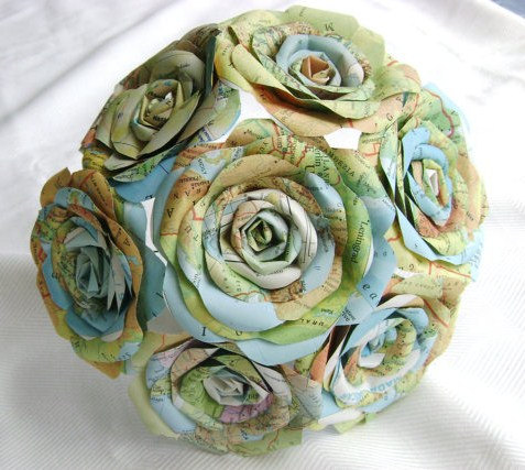 Mariage - vintage atlas map paper rose bouquet for weddings or home decor as seen in WV Weddings mag. published this spring
