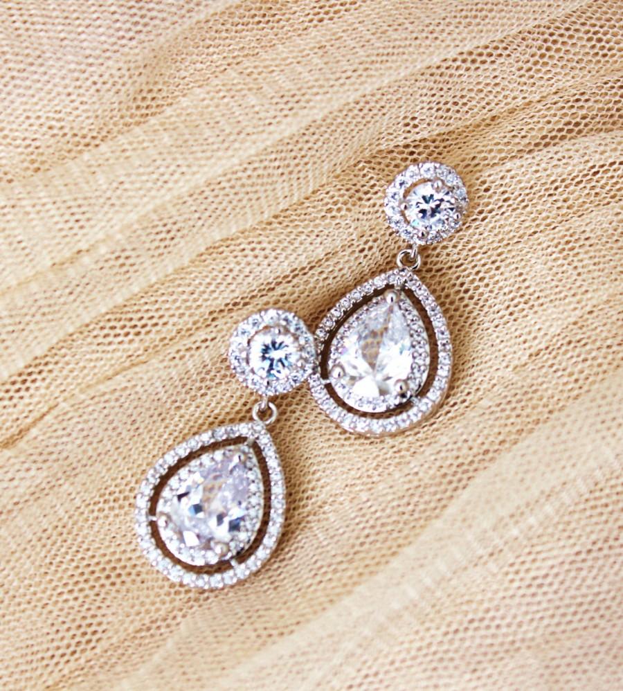 Hochzeit - Crystal Bridal Earrings Wedding Jewelry Crystal Wedding Earrings Dangle Silver Large Luxury Cubic Zirconia Drop Earrings Bridal Jewelry