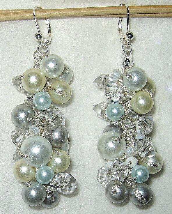 Свадьба - Something Blue Cascading Dangle Pearl Crystal Wedding Earring - SILVERY BLUE MOON -  Spiral  Cluster  Hand Knit Statement