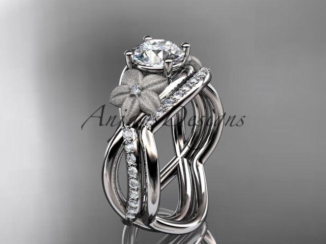 Wedding - 14k white gold diamond leaf and vine wedding ring, engagement set with a "Forever One" Moissanite center stone ADLR90S