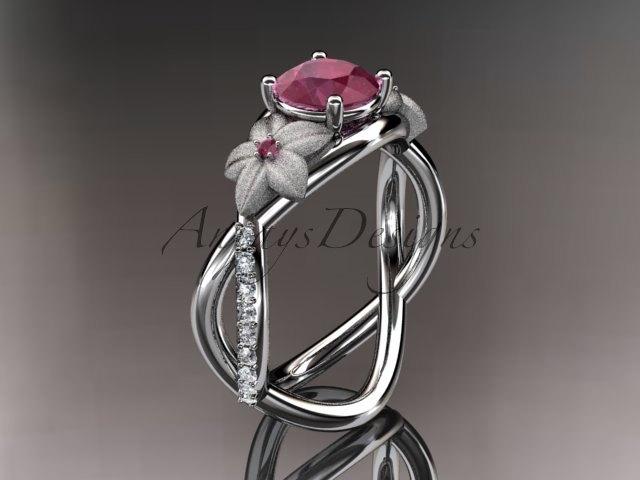 Wedding - 14kt  white gold diamond leaf and vine birthstone ring ADLR90 Ruby - July's birthstone. nature inspired jewelry