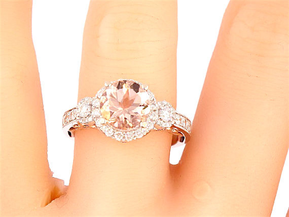 Wedding - 14K White and Rose Gold Round Brilliant Morganite and Diamond Halo Engagement Ring Wedding Ring Halo Ring Art Deco Ring Antique Ring