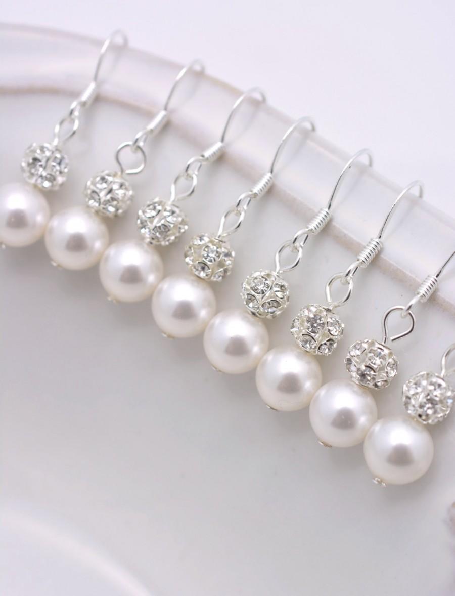 Свадьба - 8 Pairs Bridesmaid Earrings, 8 Pairs Pearl and Rhinestone Earrings, Pearl Drop Earrings, Ivory White Pearl Earrings, 8 Bridesmaid Gifts 0061