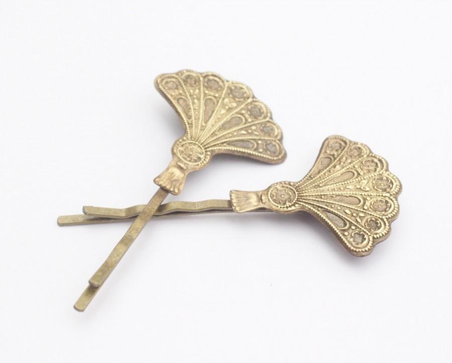 Свадьба - Art deco hair pins fan bridal brass bobby pins bronze hair slides vintage 1920's style wedding hair accessories great gatsby