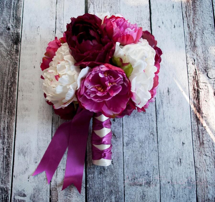 Wedding - Fuchsia Ivory and Plum Peony Bouquet - Silk Wedding Bouquet