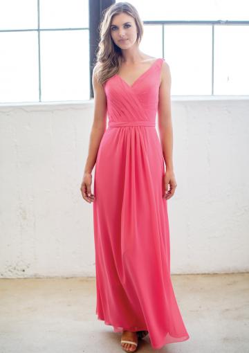 Mariage - Ruched V-neck Chiffon Sleeveless Ankle Length Pink