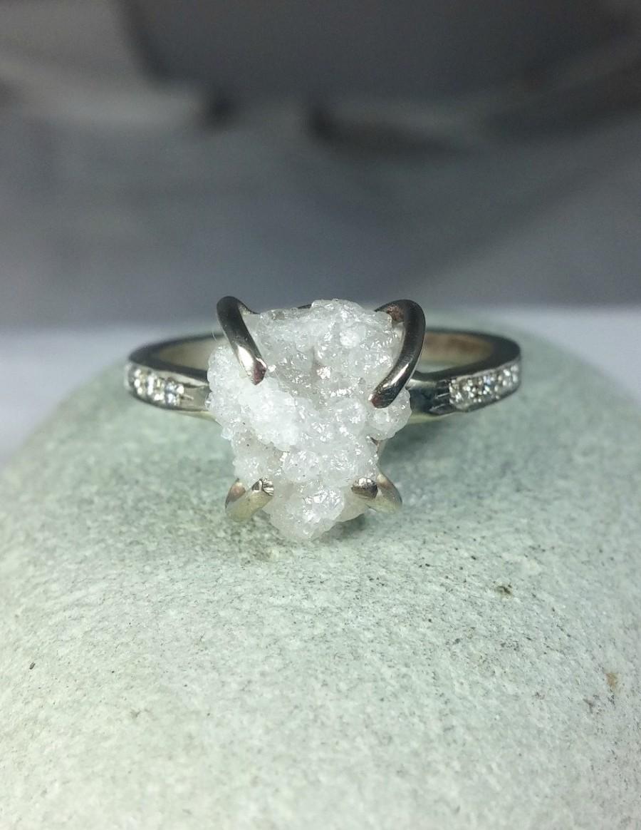 زفاف - solitaire raw diamond ring, engagement ring, snow white rough diamond multistone ring, solid white gold engagement ring