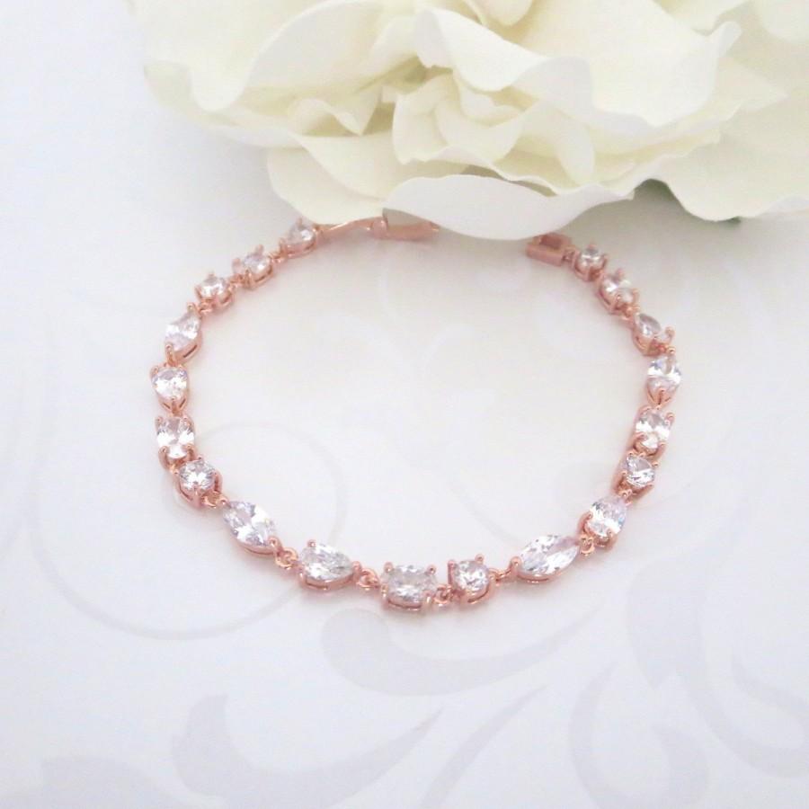 Hochzeit - Rose gold tennis bracelet, Crystal Bridal bracelet, Wedding bracelet, Bridal jewelry, CZ bracelet, Dainty bracelet, Bridesmaid gift