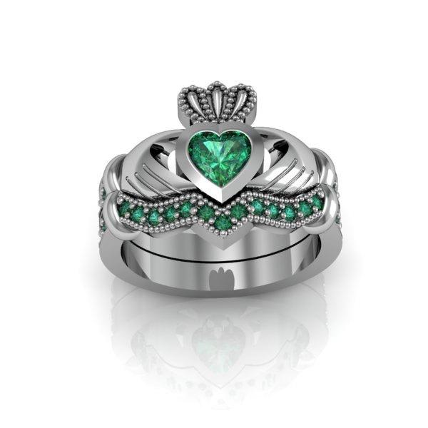 Hochzeit - Sterling Silver Emerald  Claddagh  Love and  Friendship Engagement Ring Set