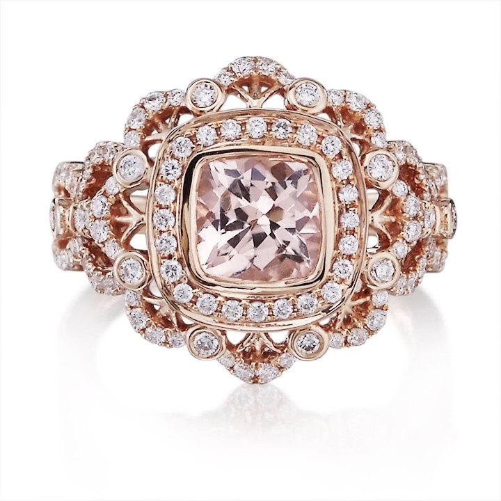 Hochzeit - Vintage Morganite Engagement Ring 18k Rose Gold 7x7mm Cushion Cut Peach Pink Morganite Halo Victorian Engagement Ring Pristine Custom Rings