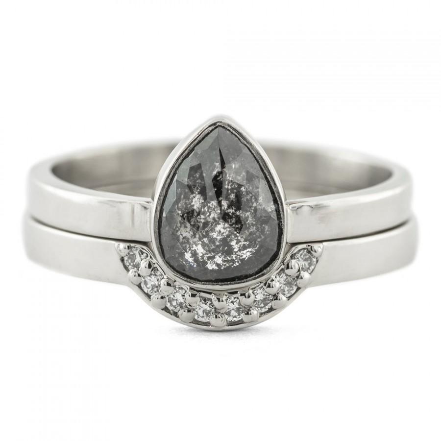 زفاف - Black Diamond Engagement Ring, 14k White Gold