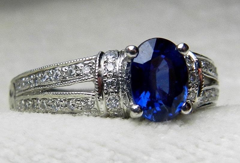 زفاف - Sapphire Engagement Ring Platinum Ring Art Deco Style Ring 1.10ct  Natural Sapphire Gem Quality Ceylon Blue Sapphire 0.39cttw Diamond