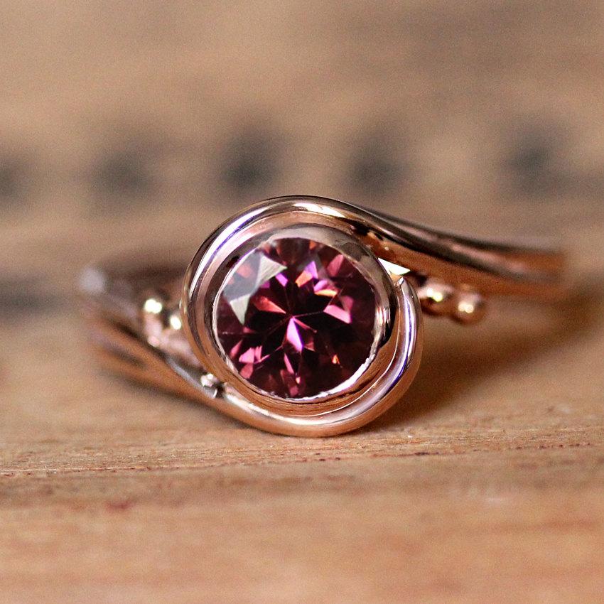 Mariage - Unique rose gold engagement ring - pink tourmaline engagement ring with gold swirl band - artisan ring Pirouette ring - custom made to order