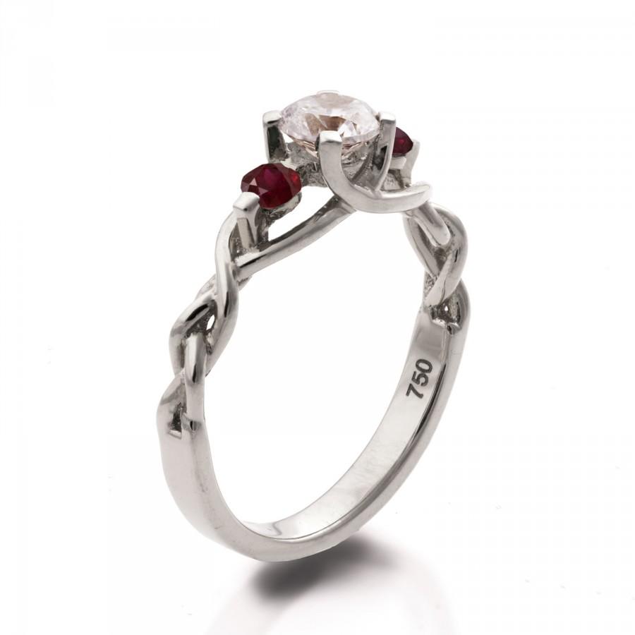 Hochzeit - Braided Engagement Ring - Diamond and Rubies engagement ring, white gold diamond ring, unique engagement ring,celtic ring,three stone ring,7