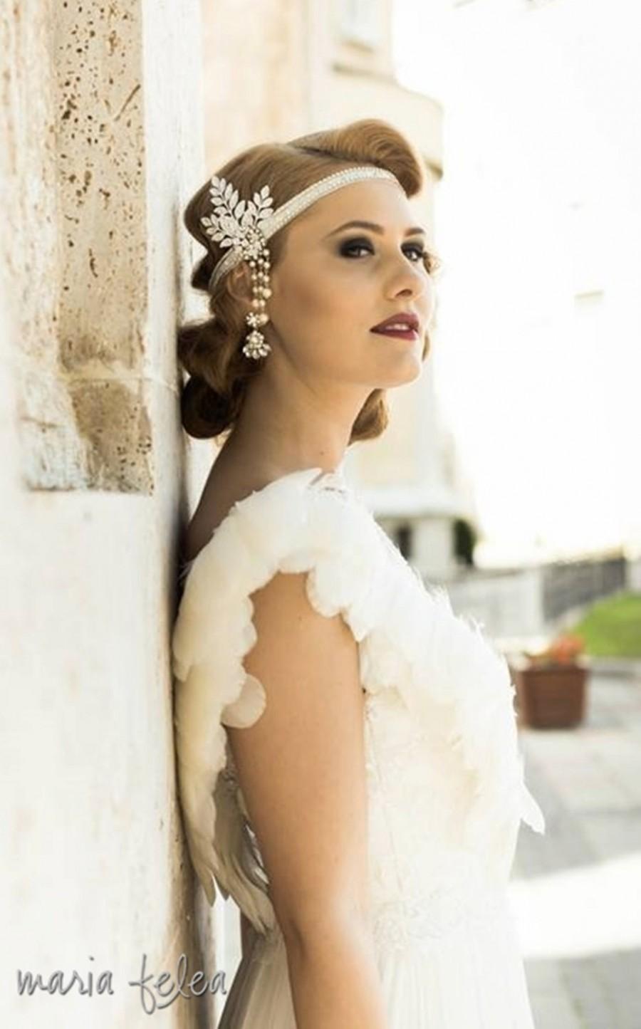 Hochzeit - Bridal lace headband forehead flapper Gatsby 1920's wedding headpiece flapper crown ivory lace and crystals, rhinestones, leaves headpiece