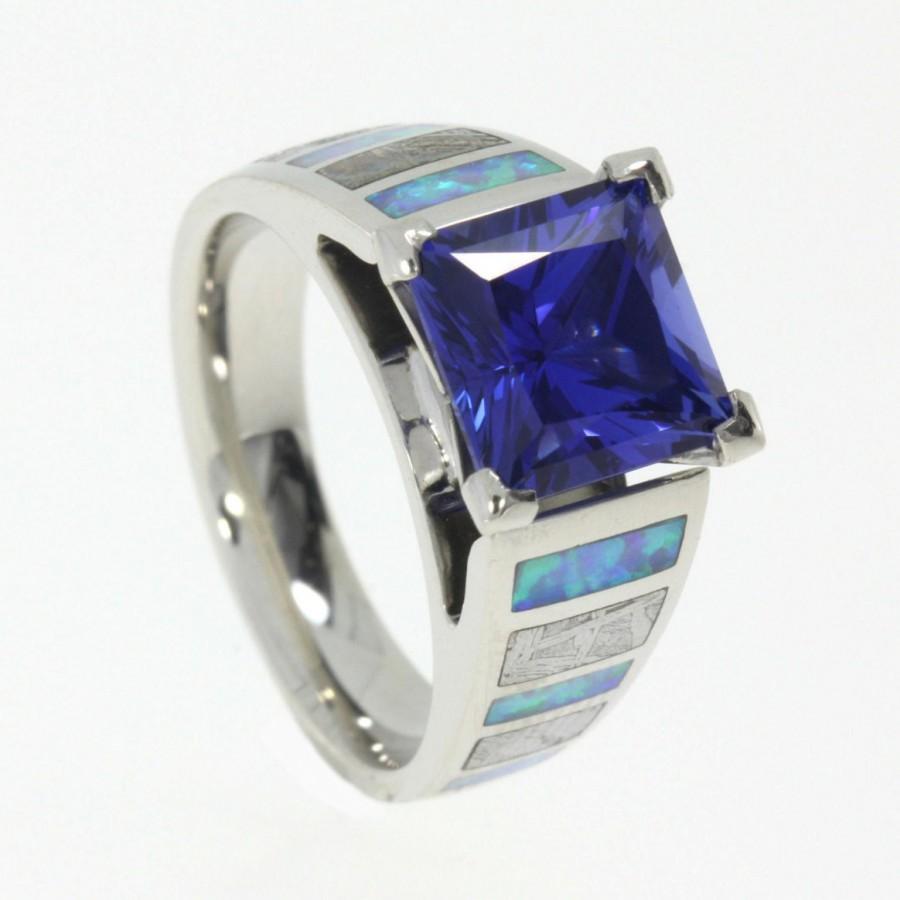 Wedding - Platinum Ring, Blue Sapphire Cathedral Ring with Bezel Set & Gibeon Meteorite and Opal Accents,  Handmade Engagement