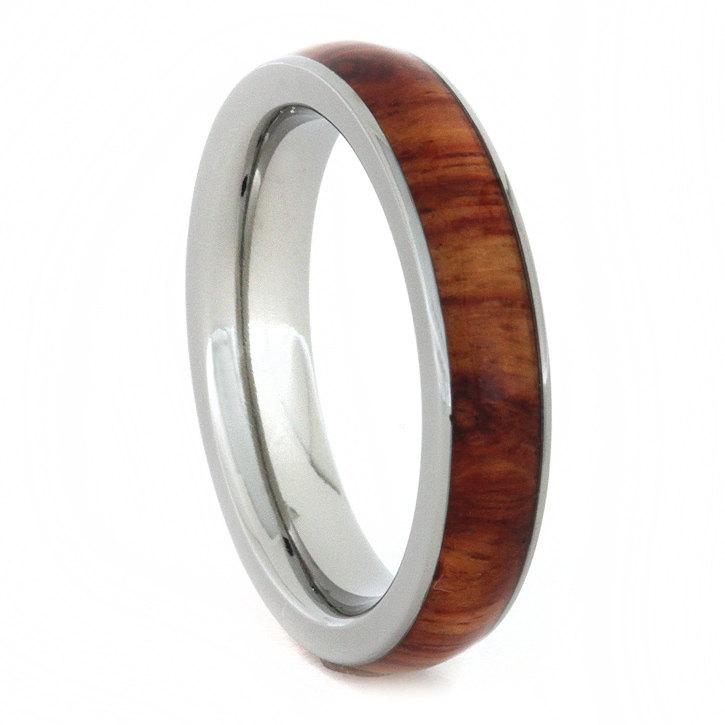 زفاف - Titanium Ring with Tulip Wood Inlay, Womens Wooden Wedding Band, Ring Armor Included