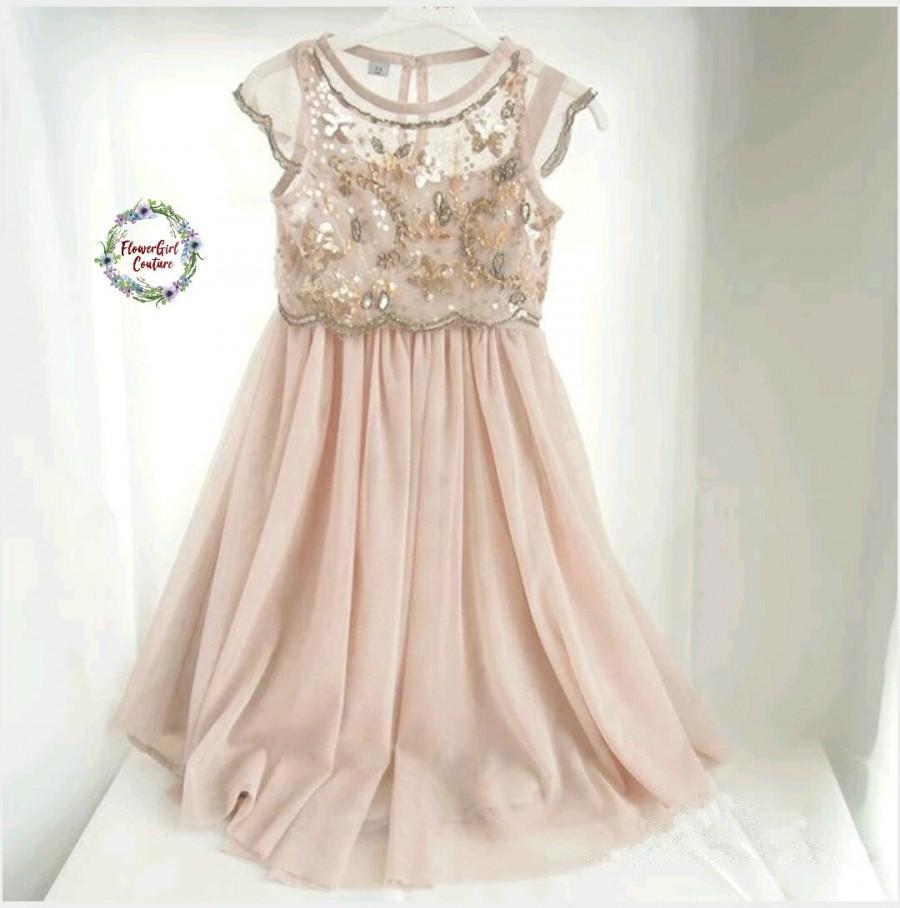 Hochzeit - Gorgeous Beaded Blush Pink Chiffon Girls Dress