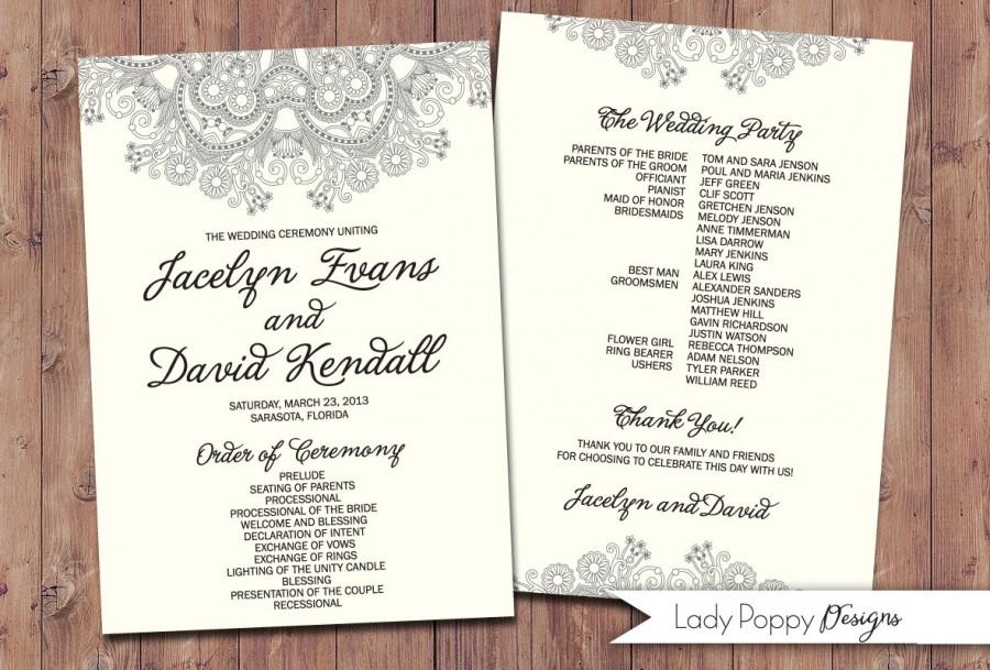 Hochzeit - Romantic Lace Jacelyn Wedding Program Fans  - DIY Program - Custom colors option