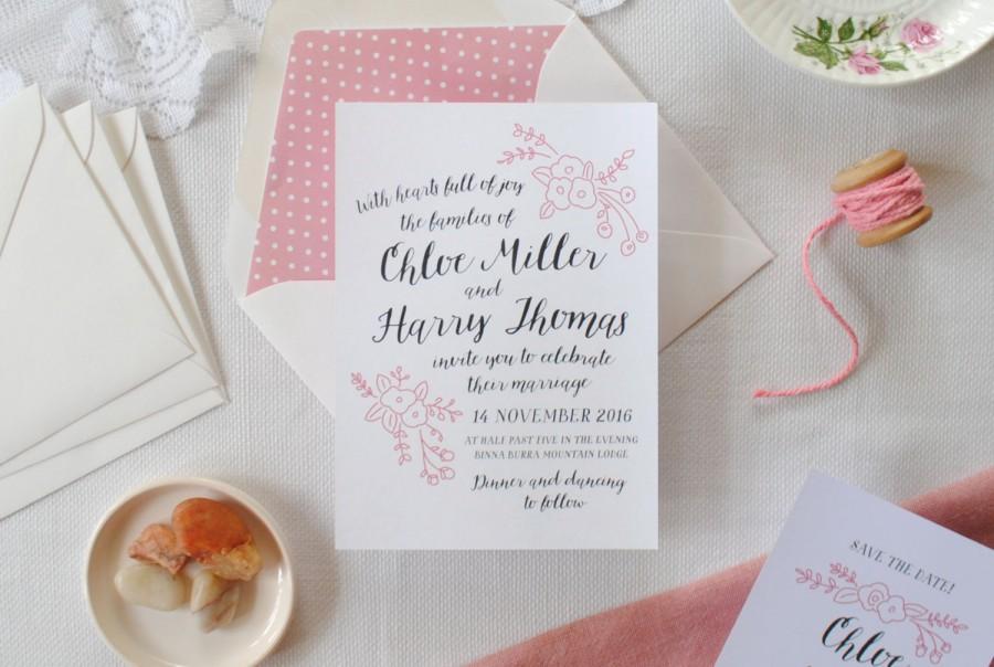 Wedding - 40 Wedding Invitations with Envelopes, Modern Calligraphy, Pretty Pink Floral wedding, vintage-inspired invitations -- Chloe