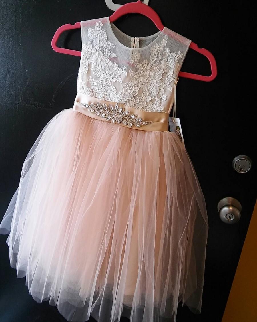 Hochzeit - Champagne blush ' Flora'  flowergirl dress with  French lace, sheer netting, rhinestone sash, special occassion, birthday dress