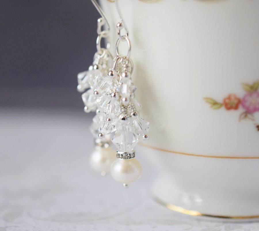 Wedding - Long Swarovski Crystal Earrings Cluster Cascade Earrings White Ivory Freshwater Pearl Earrings Sterling Silver Bridal Earrings Wedding Gift