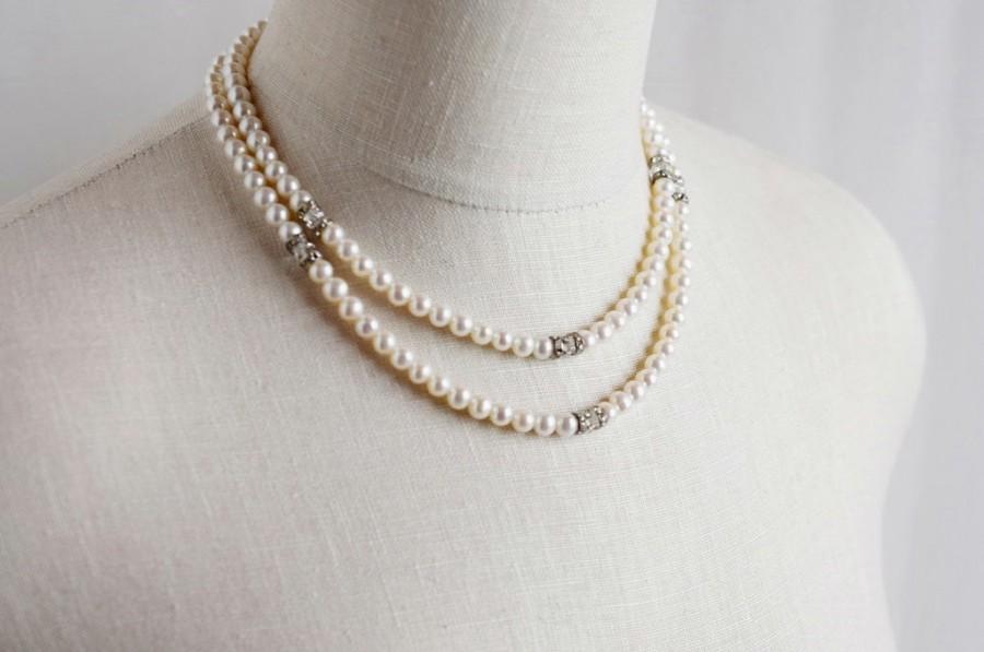 زفاف - Double Strand Freshwater Pearl Necklace Statement Bridal Necklace Sterling Silver White Pearl Jewelry Ivory Wedding Swarovski Crystal Gift