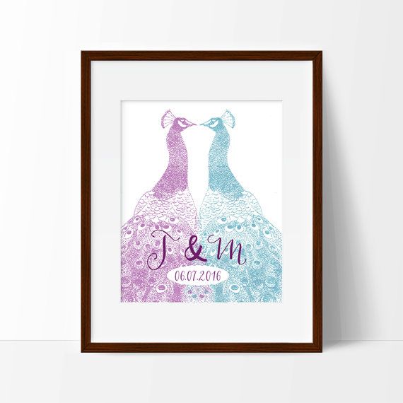 Wedding - Custom Gift, Peacock Art, Digital Download Printable Art Print, Engagement Gift Personalized, Wedding Gift Custom,Peacock Print, Purple Teal