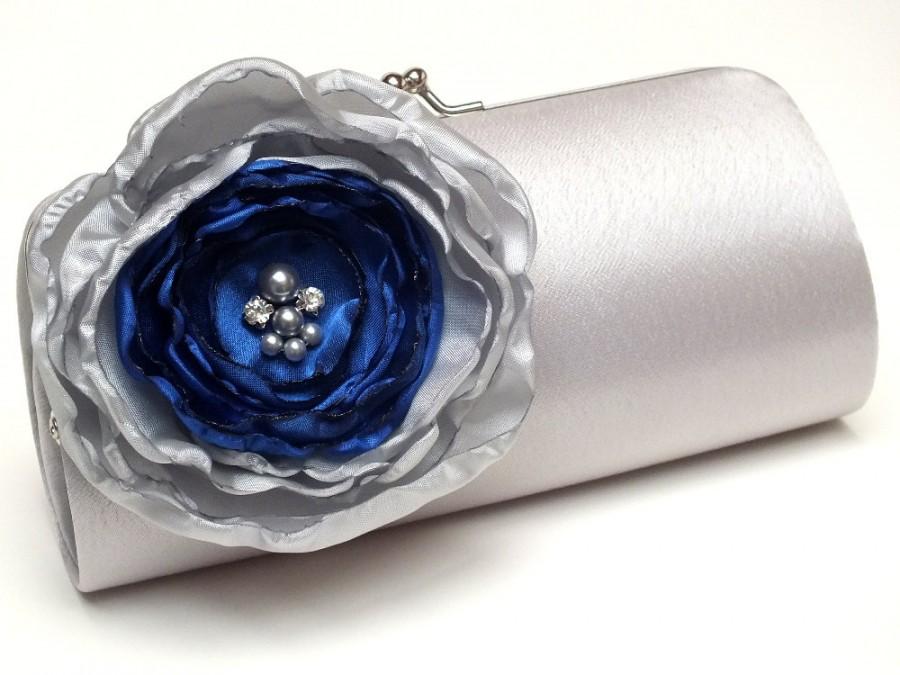 زفاف - Silver & Royal Blue Bridal Clutch - Bridesmaid Clutch Rhinestones Pearls Kisslock Silver Clutch