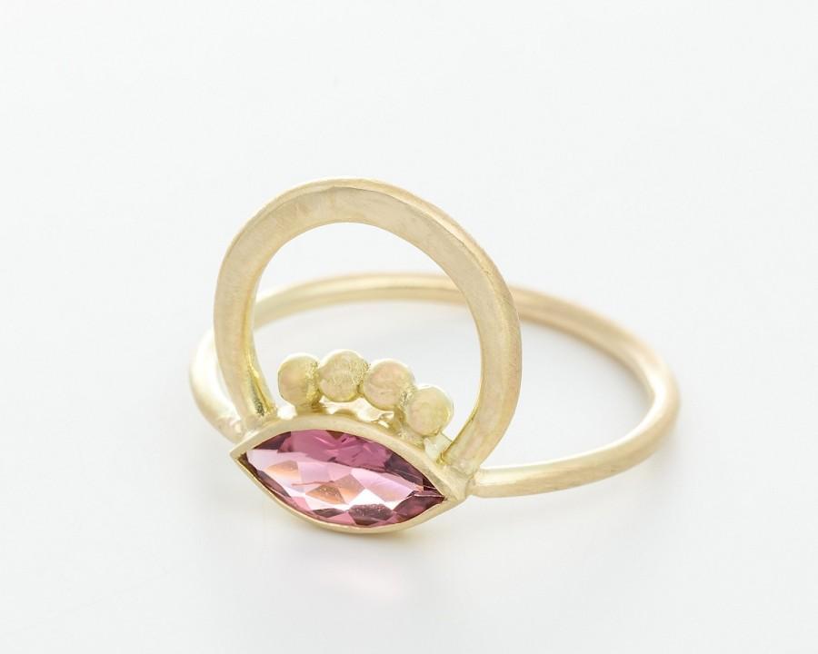 Hochzeit - 14 Karat gold ring with an eye shape Pink Tourmaline stone. Alternative engagement ring for women. Statement ring. Bridal jewelry. Hand made