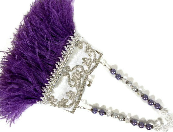 زفاف - Purple Ostrich Feather Clutch, Evening Bag, Vintage Inspired Bridal Clutch, Silver Embroidered Purse, Wedding Accessories